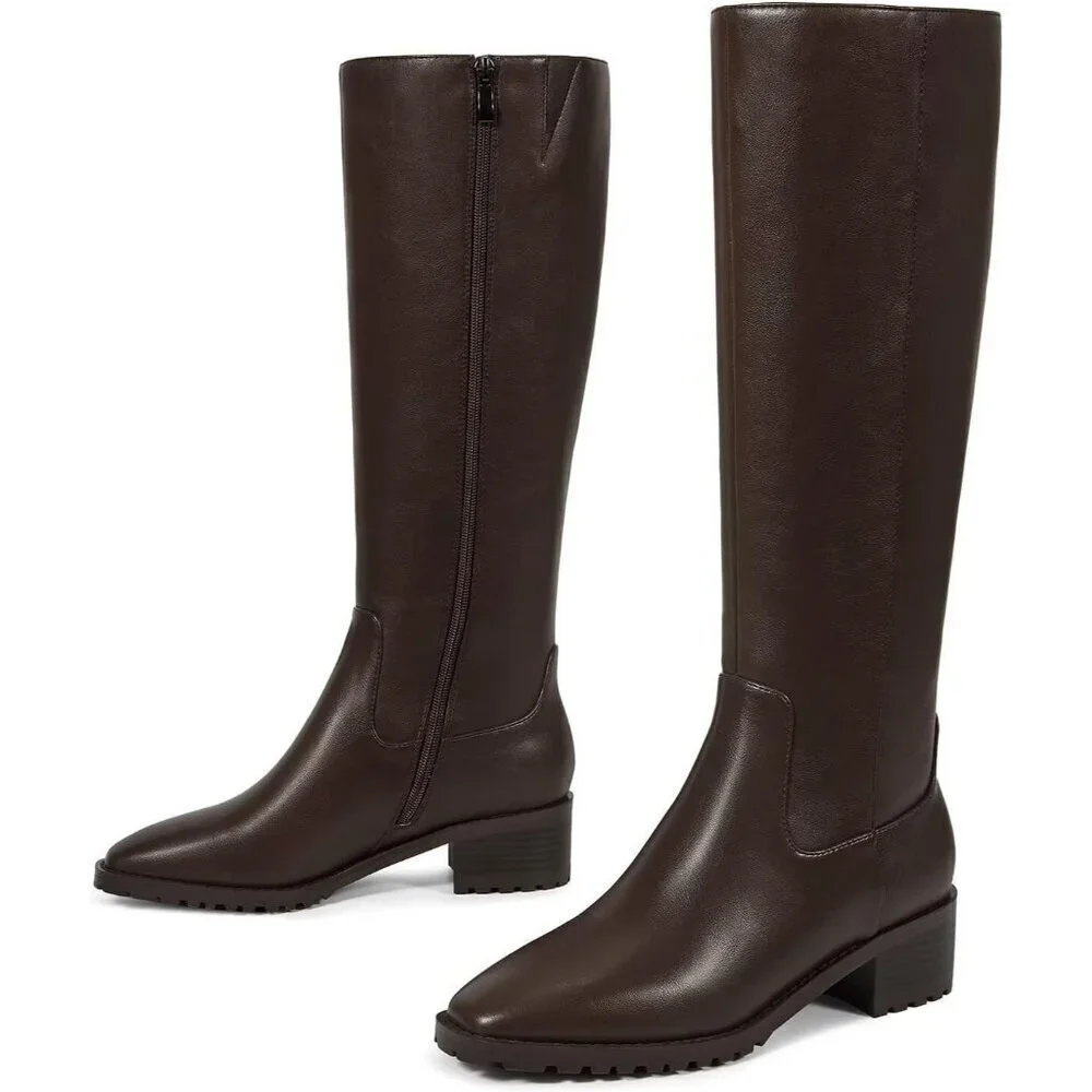 Women Brown Chunky Low Heel Square Toe Elastic Tall Boots Side Zipper PU Lea